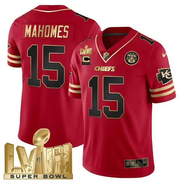 Men's Kansas City Chiefs #15 Patrick Mahomes Red With Gold Super Bowl LVIII Patch And 4-Star C Patch Vapor Untouchable Limited Football Jersey Men's Kansas City Chiefs #15 Patrick Mahomes Red With Gold Super Bowl LVIII Patch And 4-Star C Patch Vapor Untouchable Limited Football Jersey